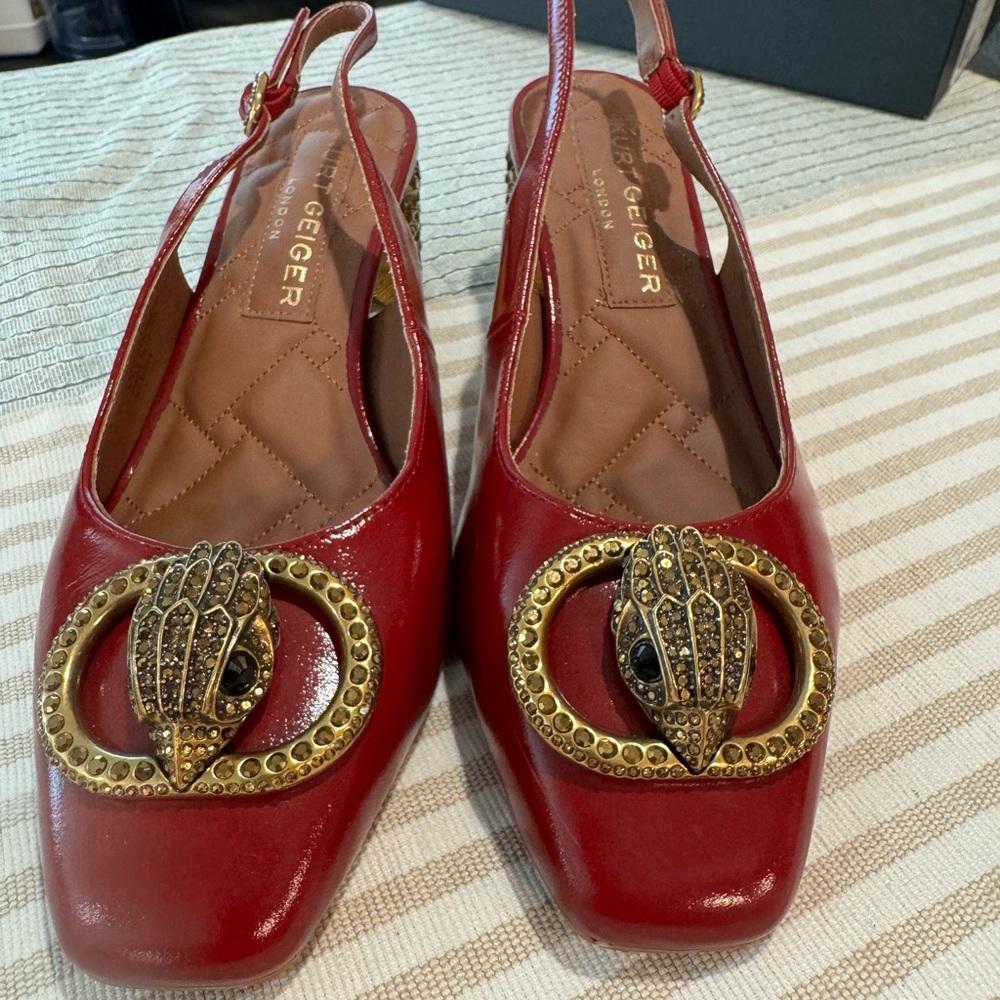 Kurt Geiger Red and Gold Heels with Ornamental Buckle